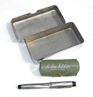 ORIG 3 PC LOT US GI's WW2 PERSONAL ITEMS: SOAP DISH FOUNTAIN PEN SEWING KIT
