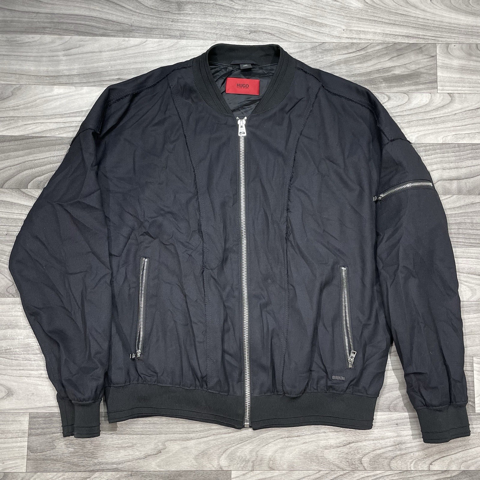 Hugo Boss Full Zip Bomber Jacket Mens L Black Wool Blend Distressed Style RARE