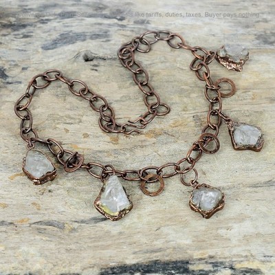 Copper Pentagon White Topaz Rough Gemstone Electroformed Chain Necklace Jewelry