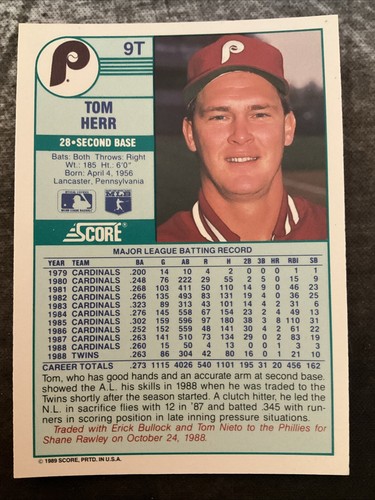 1989 Score Rookie & Traded - Tom Herr #9T - Picture 2 of 2