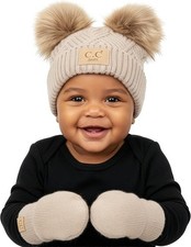 Baby Double Pom Pom Beanie  Mittens Set Newborn 0  9 Months Winter