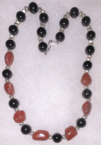 Handcrafted Black Onyx & Red Stone Beaded Necklace, Round Beads, Lobster