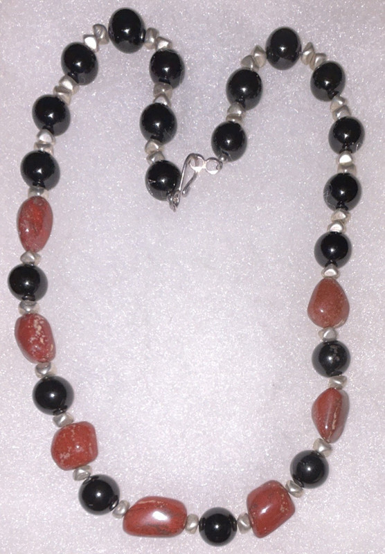 Handcrafted Black Onyx & Red Stone Beaded Necklace, Round Beads, Lobster