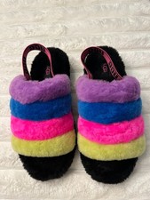 UGG Fluff Yeah Slide Slippers Rainbow Stripe Black Women's Size 8/ EU 39