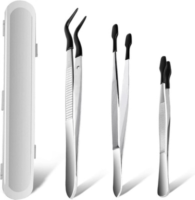 3PCS Tip Tweezers, Silicone Rubber Flat Tipped Tweezers Bent Tip for Jewelry Coi