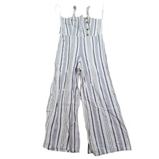 Angie Jumpsuit Women's L White Blue Striped Smocked Sleeveless Wide Leg Summer