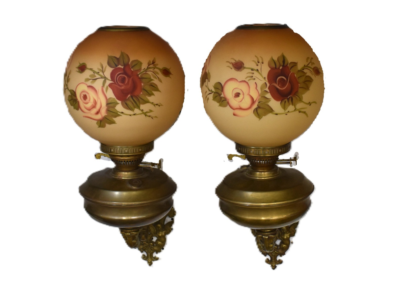 Pair Victorian Globe Putti Cherub English Brass Wall Sconce Oil Lamps