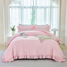 5 Pieces Pink Twin Size Comforter Set for Girls Ruffled Kids Bed in A Bag wit...