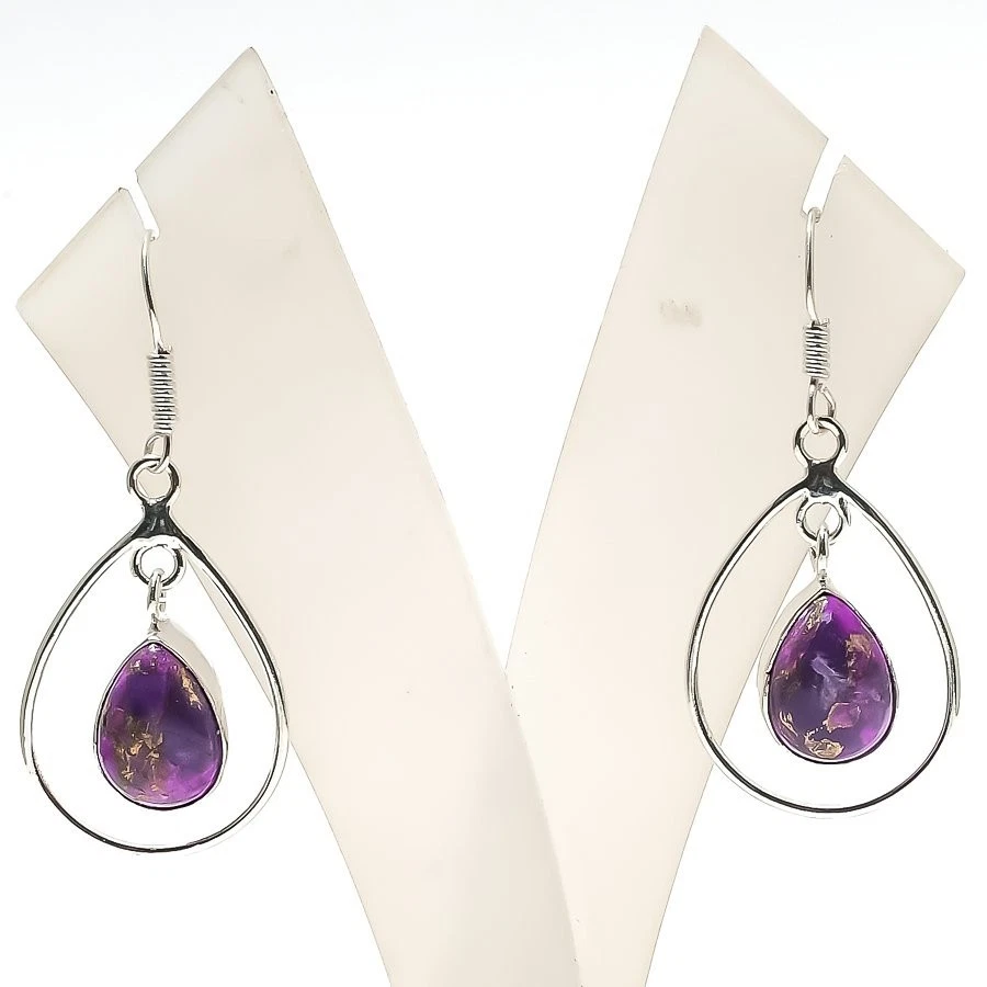 Natural Copper Turquoise Gemstone Handmade 925 Starling Silver Earring Size 1.9" - Image 1 of 1