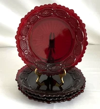 Set of 4 Vintage Avon Cape Cod Ruby Red Glass Salad Dessert Plates 7.25"