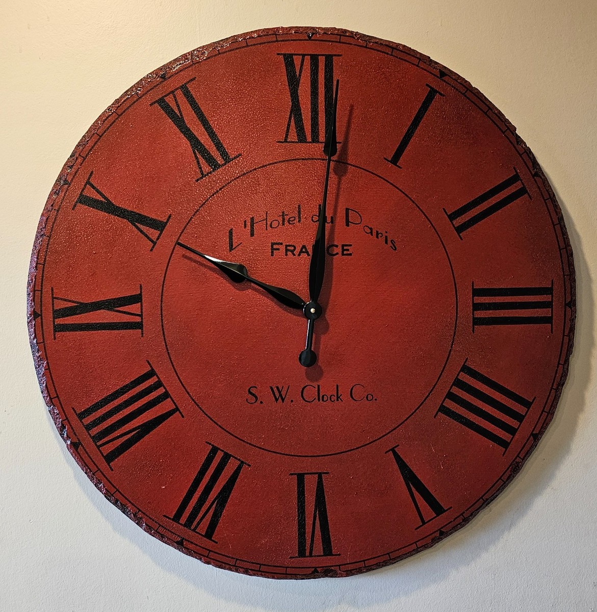 Vintage 30” Red-Cracked Wood Wall Clock by S.W. Clock Company – L
