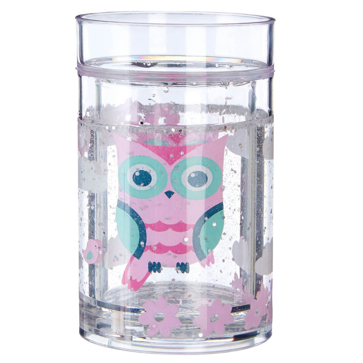 Mimo Happy Owl Glitter Design 200ml Kids Clear Plastic Drinking