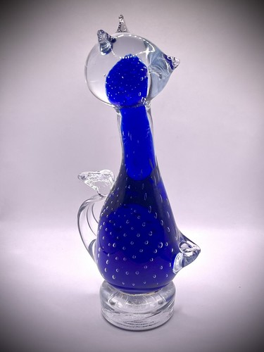 VINTAGE Murano Art Glass Blue & Clear Cat Figurine Controlled Bubble Design
