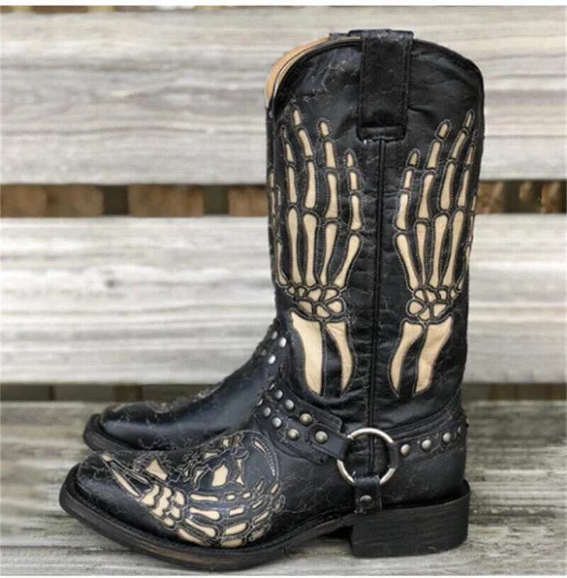 Botas informales vaqueras bordadas para hombre con patrón de calavera punta cuadrada Foto 4 de 4