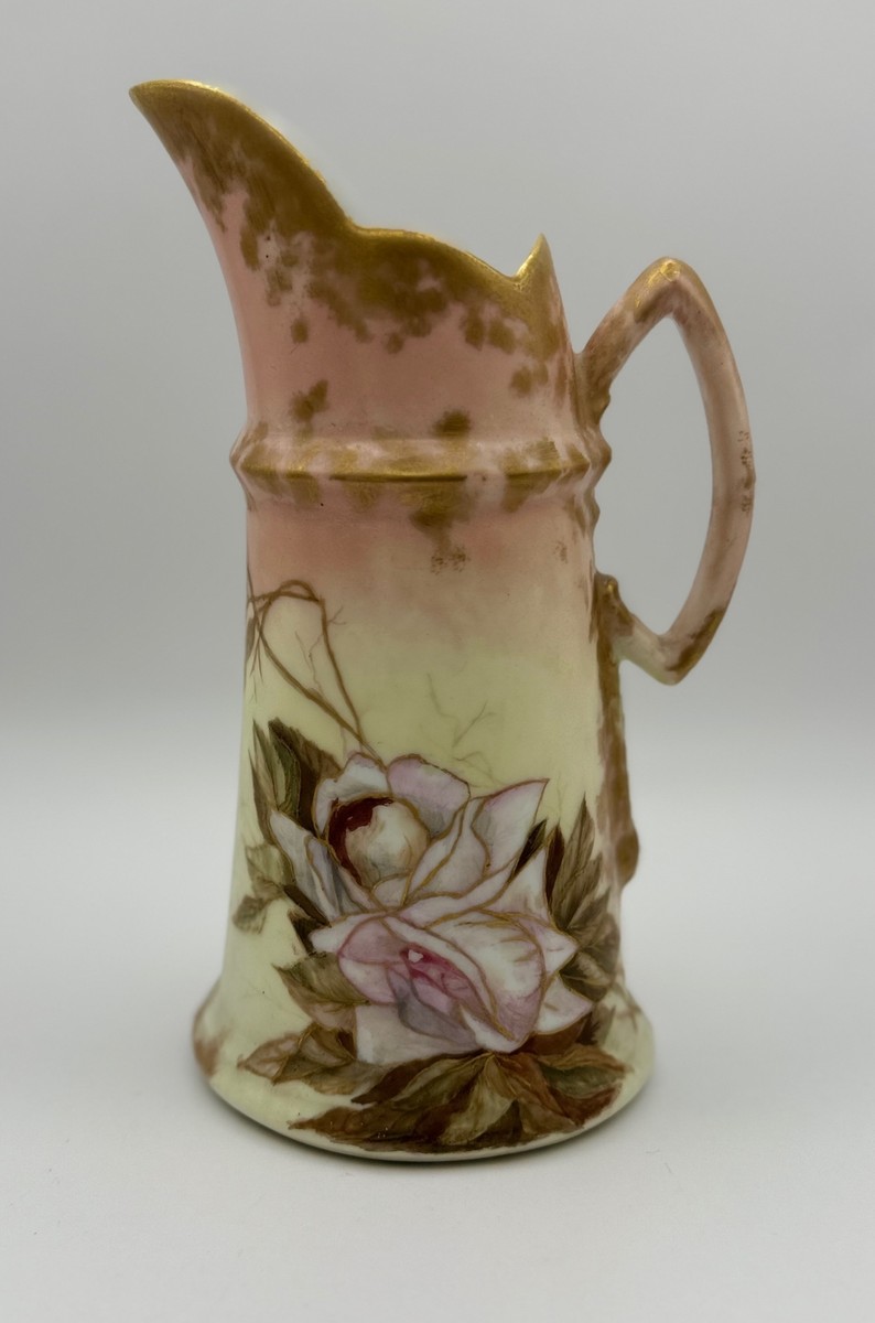 専用ページ移行1995年U.S.A製NYアンティークLimoges壺プリント額絵 Antique T&V Limoges Hand-Painted Porcelain Pitcher, Pink Roses