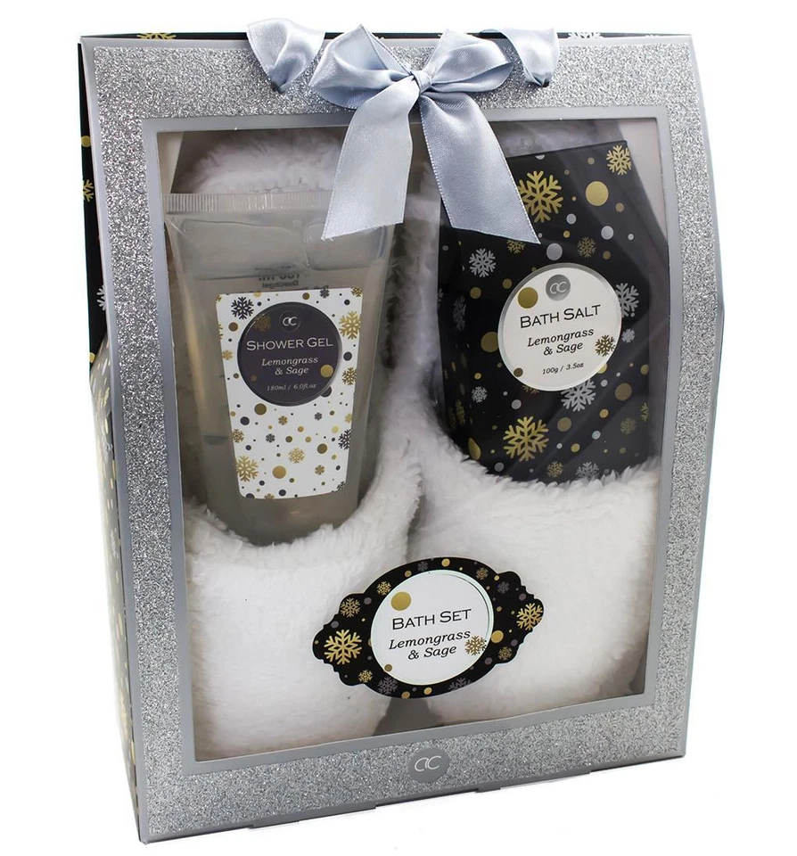 ACCENTRA Badeset GLITTER Geschenkbox mit Pantoffeln Duschgel Badesalz ZITRONENGRAS SALBEI