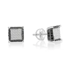 925 Sterling Silver Micropave Black White CZ Mens Square Stud Cube Stud Earrings