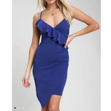 Lulus Keep on Flourishing Blue Ruffled Asymmetrical Bodycon Dress XL