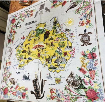 VINTAGE 60ER JAHRE LEINEN TISCHDECKE AUSTRALIEN KARTE VON HEIL REG DESIGN 777658 UNBENUTZT