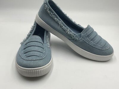 Comfortview Analia Slip-On Flat Shoe Size 8.5W Blue Denim w fringe