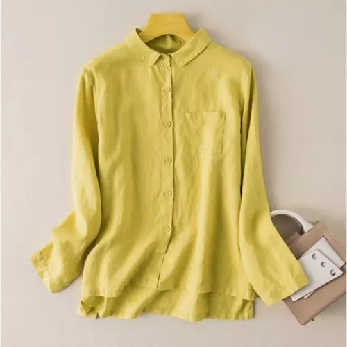 Vintage Style Cotton Linen Shirt Blouse Top Button-up Women Smart Casual Solid - Picture 3 of 22