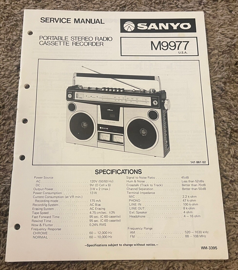 1978 Sanyo M9977 Cassette Recorder Service Manual, Boombox | eBay