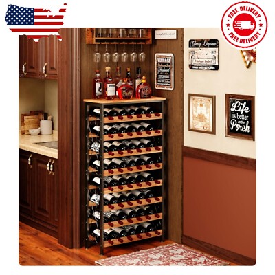 48 Bottles Floor Wine Rack with Wood Top Freestanding Wine Bottle Organizer