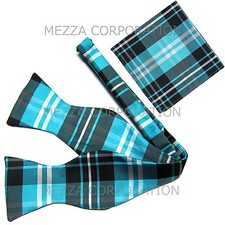 New men's self tie free style bow tie set plaid  checkers formal turquoise blue