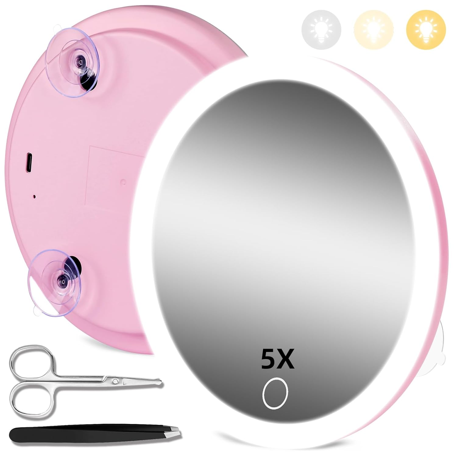 5X Magnifying Mirror with Light - 3 Suction Cups & 3 Color Dimmable LED Makeup Mirror