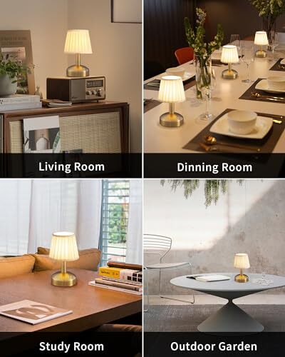KDG Modern Cordless Small Table Lamp, Portable LED Fabric Gold+Fabric ...