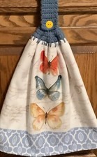 Double Hanging kitchen towel Spring butterflies crocheted blue top