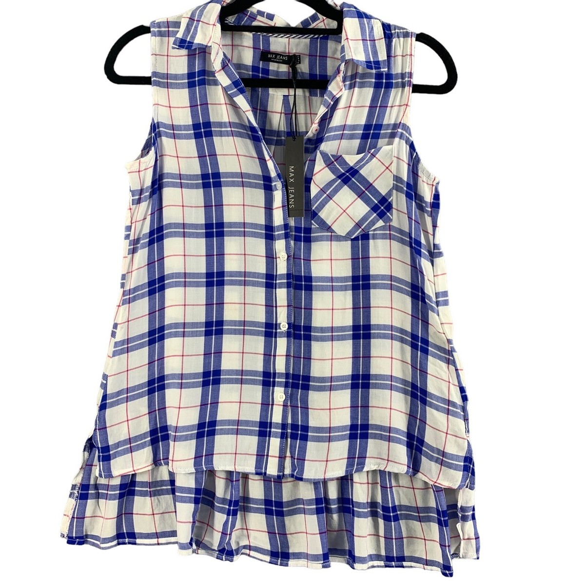 Womens Plaid Top XS Max Jeans Blue Viscose Tencel Sleeveless