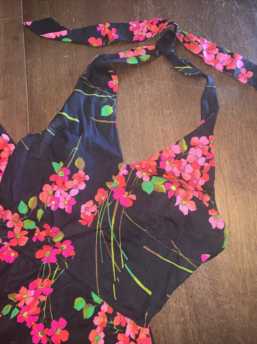 Vintage Serbin Florida 60s 70s Halter Floral Sun Dress Big Bold Flowers Sm/M