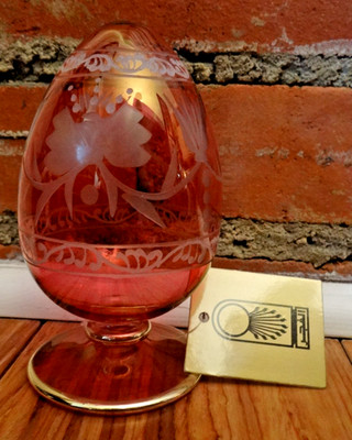 Egyptian Pink Blown Glass Egg 24K Gold Trim Etched Design w/ Box 4.5 