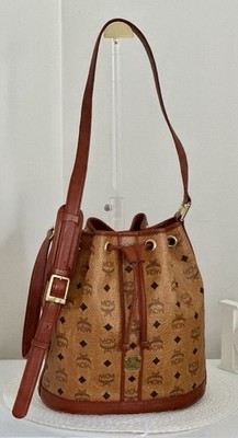 MCM Cognac Visetos Bucket Drawstring Bag Gold Hardware Vintage Rare Germany