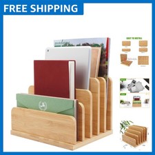 5-Slot Bamboo Desk File Organizer with Adjustable Compartments for Office Home