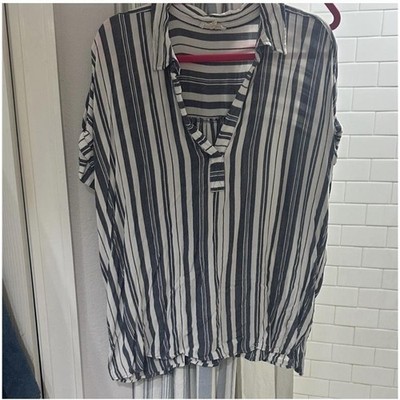 Navy Blue White Striped Short Sleeve Split Neck Button Down Blouse Top Womens