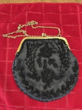 Vintage Wolberg Hand Beaded Purse Black Clutch Evening Bag 15" strp Elegant Prom