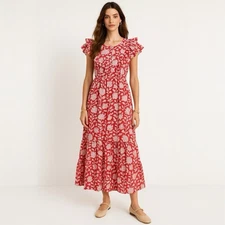 Mille Clementine Dress M Red White Floral Ruffle Tiered Preppy Resort Midi