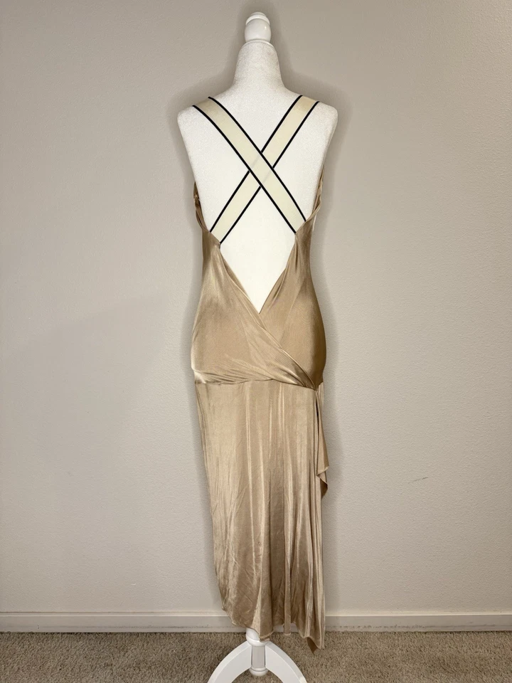 Vestido sin Mangas Alberta Ferretti Capucha Cuello Espalda Sin Espalda Correa Cruzada Champagne Rayón Talla 6 Foto 3 de 4