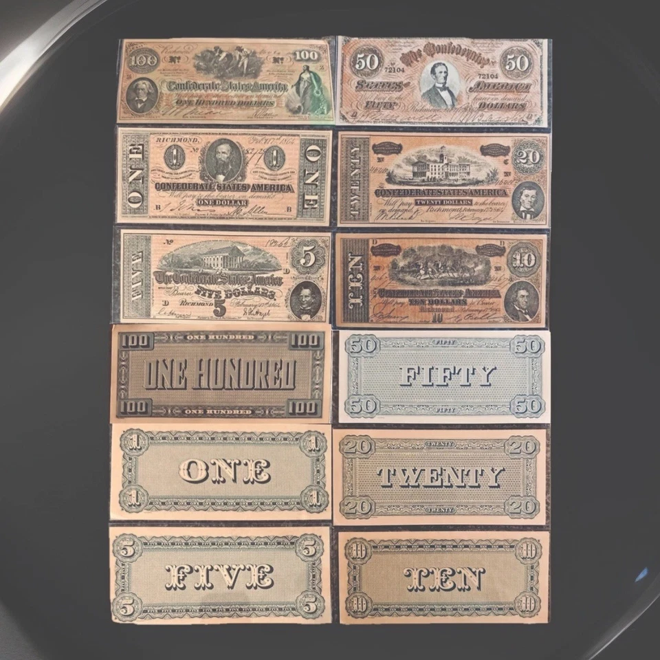 Lot of Six Confederate States of America Bills $1, $5, $10, $20, $50, & $100 - Image 3 of 4