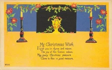 Postcard My Christmas Wish Candle Sticks Vase Flowers Yellow Blue Background
