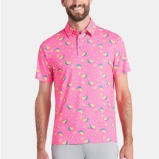New Birdie Bound Mens Pink Taco Print Performance Golf Polo UPF 50 Size Medium