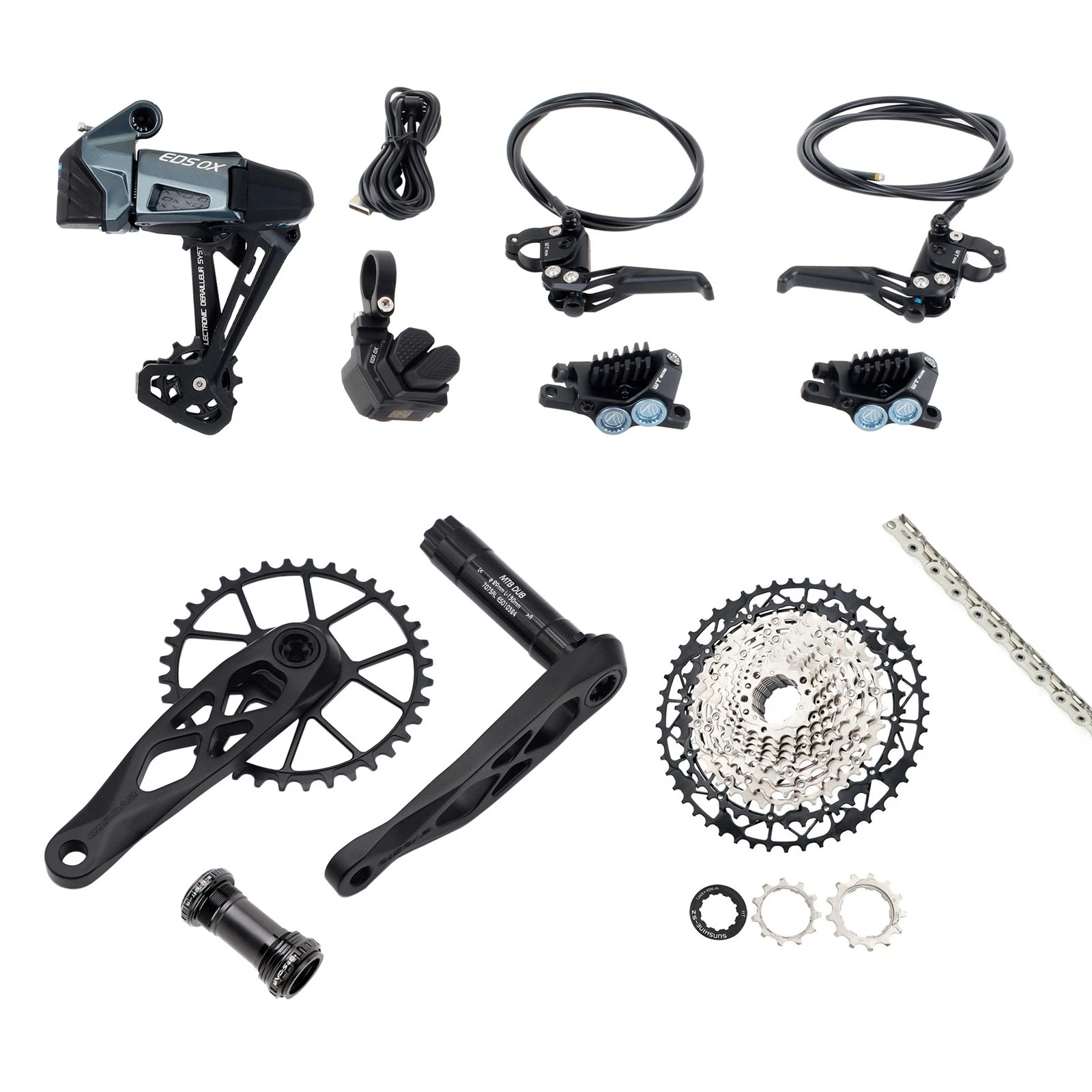 WHEELTOP EDS OX 2.0 MTB 1x12 full groupset with 4-piston hydraulic disc brakes — rear derailleur, shifter, EVOSID crankset, bottom bracket, 11-50T cassette, CHOHO chain, brake levers and calipers