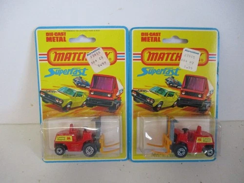 Matchbox Lesney Superfast 2X SF15 Fork Lift- unpainted & black bases, carded