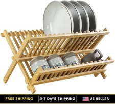 2 Tier Bamboo Dish Drying Rack - Foldable Countertop Plate Organizer