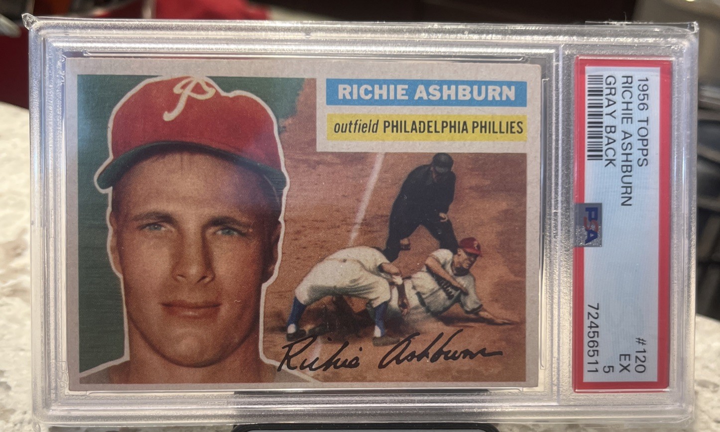 1956 TOPPS #120 RICHIE ASHBURN GRAY BACK PSA 5 EX PHILADELPHIA PHILLIES