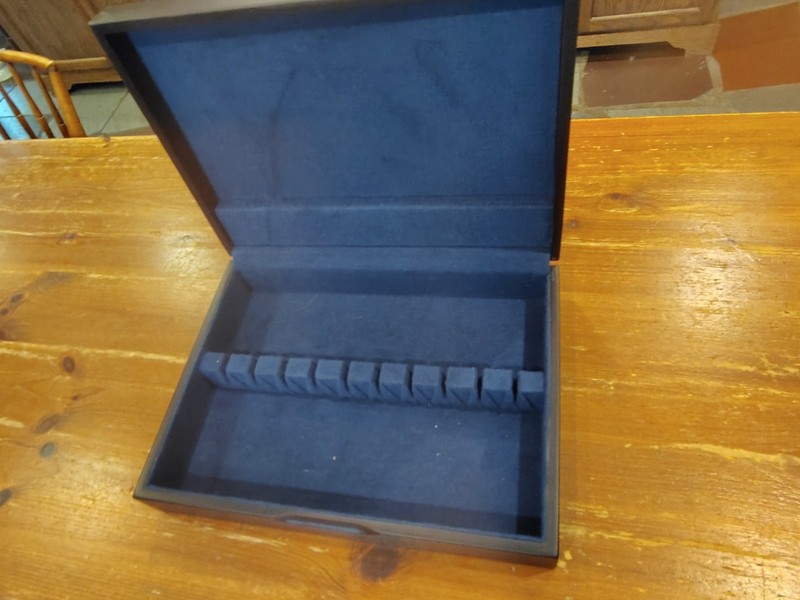 Modern Dark Blue Lined Silverware Flatware Storage Box, Stained Mahogany