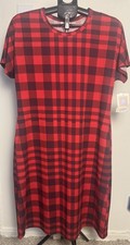 Lularoe Marly Dress Midi Size L Red Plaid with Pockets Pullover NWT - No Belt