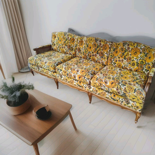 Vintage Mid Century Falcon Brand Sofa And Lounge Chair Yellow Orange Floral